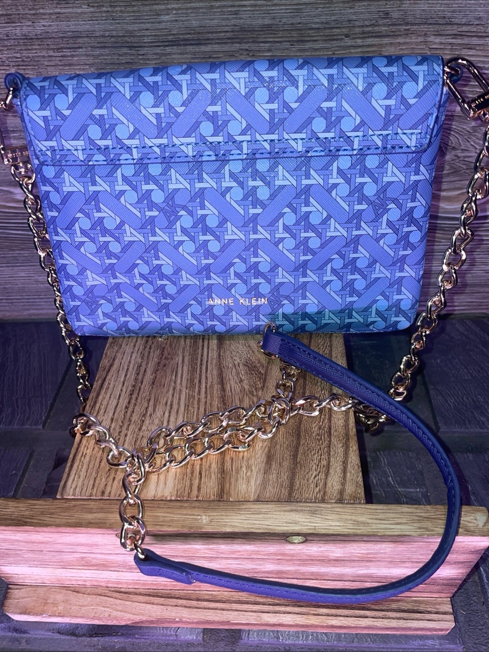 Anne Klein Blue Logo-Pattern Chain Strap Crossbody